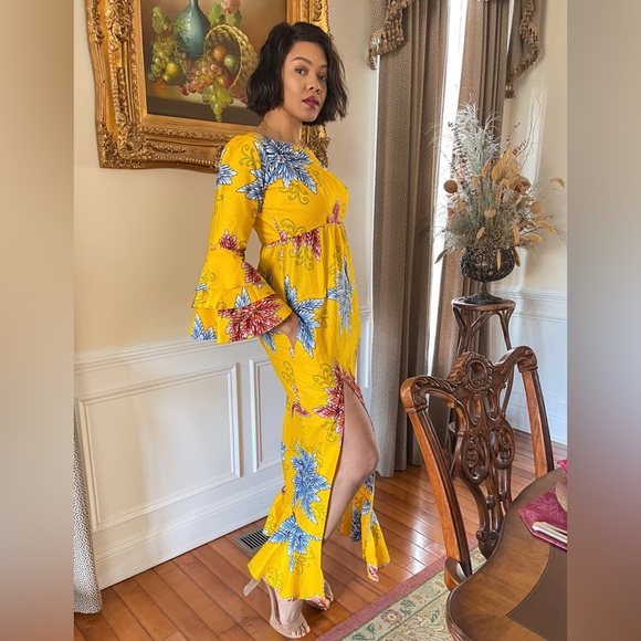Handmade African Print Ankara Yellow Ruffle Sleeve Cinched Waist Maxi Dress - Picture 2 of 6